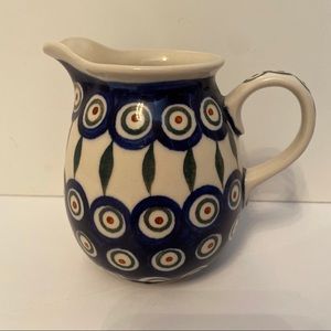 POLISH POTTERY PITCHER BLUE WHITE CREAMER HANDMADE 4.5”H HOME COFFEE ACCESSORY